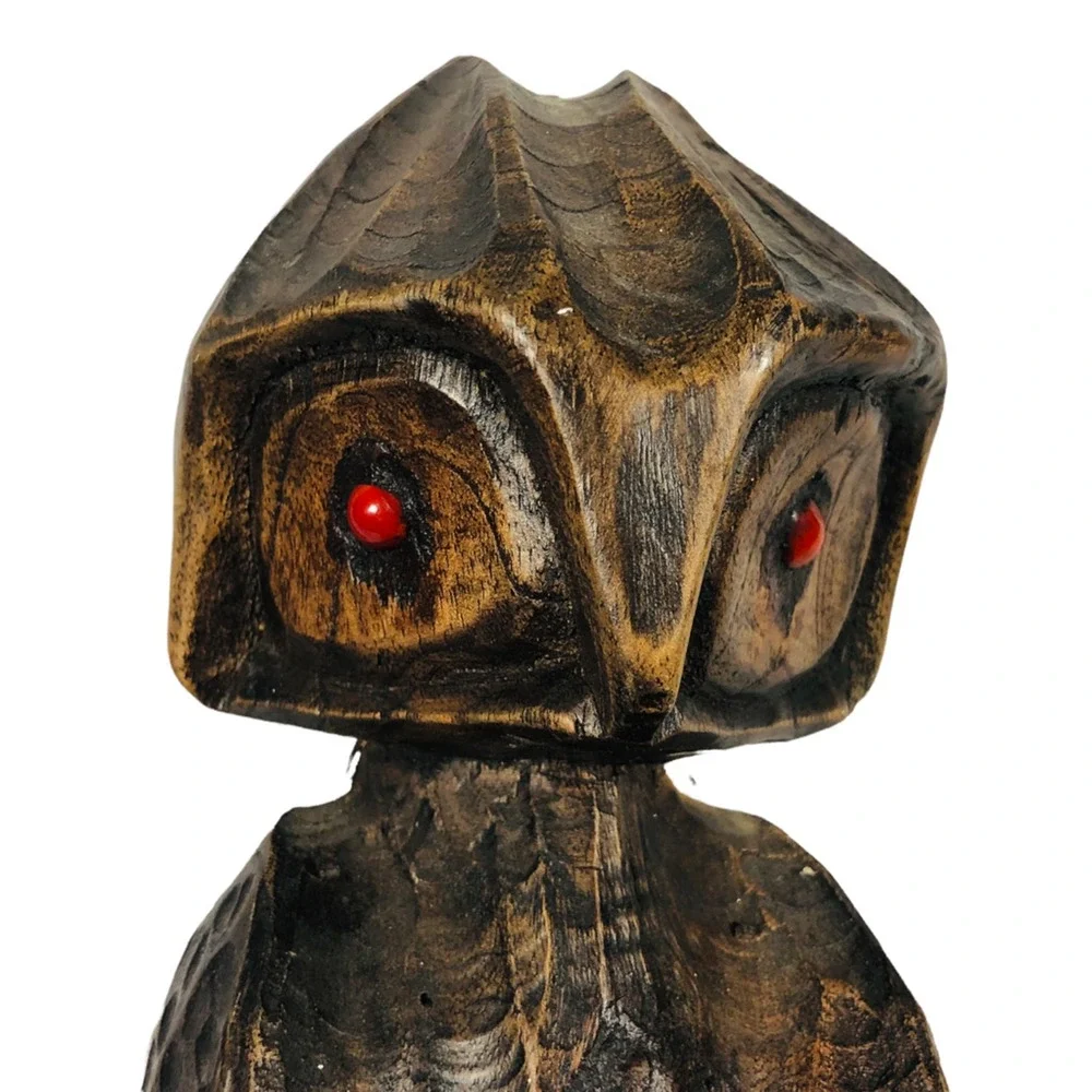 Vintage Norman Campbell Owl Carving Wooden‎ Wood Red Following Eyes 1990 Brown